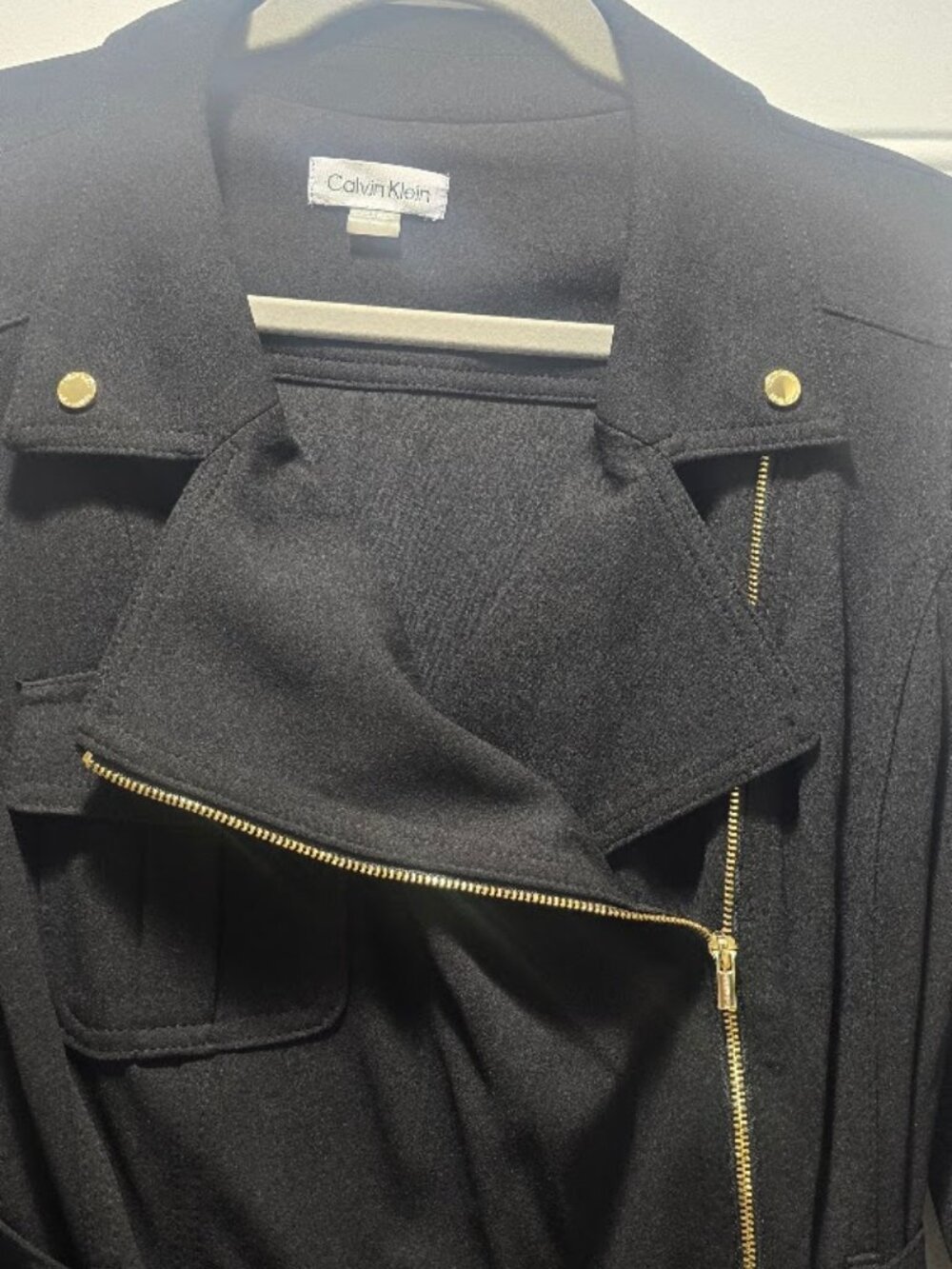 Calvin Klein Women's 14 Black Moto Trench Coat Dress Gold Zip Belted NWT - Picture 1 of 7